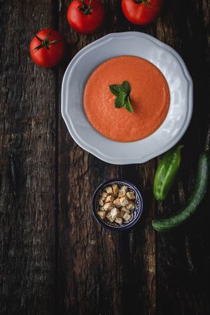 Homemade typical Spanish gazpacho. Tomato soup