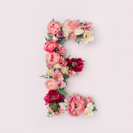 Letter E made of real natural flowers and leaves