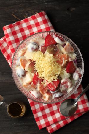 Salad Buah Keju, Fruit Salad with Shredded Cheddar Cheese on Top