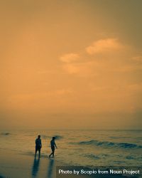 two men walking on beach during sunset 5aMJ85