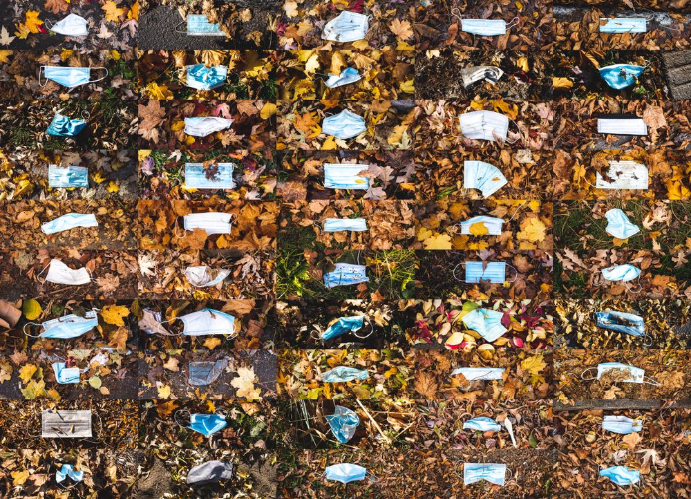 MONTREAL, QUEBEC, CANADA – November 2020: Abandoned and discarded masks on fallen leaves