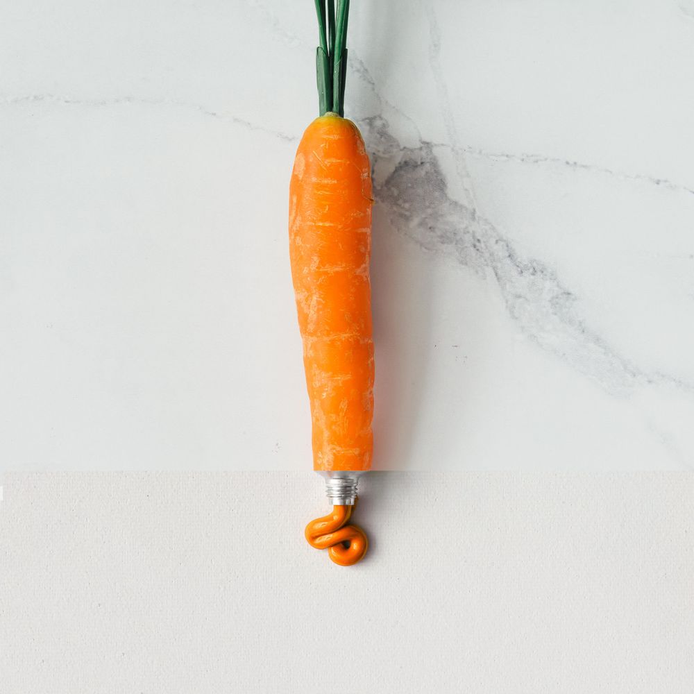 Collage made out of carrot and orange paint tube