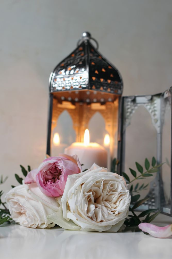 Silver Moroccan, Arabic lantern with burning candle