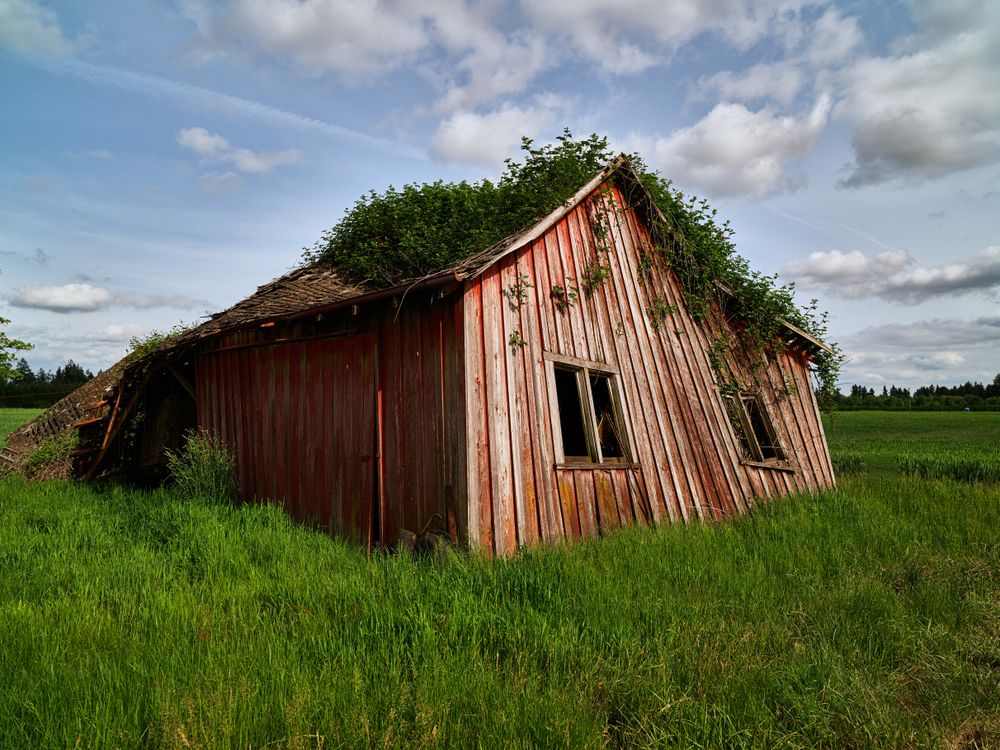 A barn nearing collapse in McMinnville, Oregon
