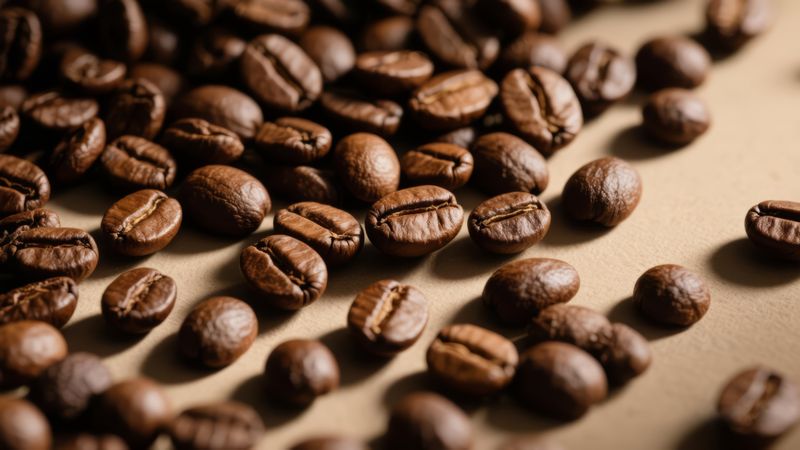 Close up of dark roasted coffee beans scattered on a beige surface with soft lighting