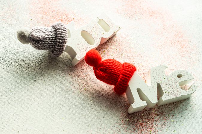 Valentine's day concept of "Me" & "You" blocks with little woolen hats