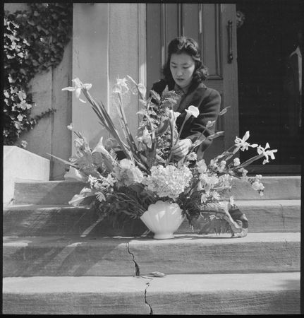 Woman arranging flowers prior to relocation of Japanese Americans in WWII, 1942