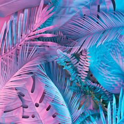 Tropical and palm leaves in vibrant bold gradient holographic colors