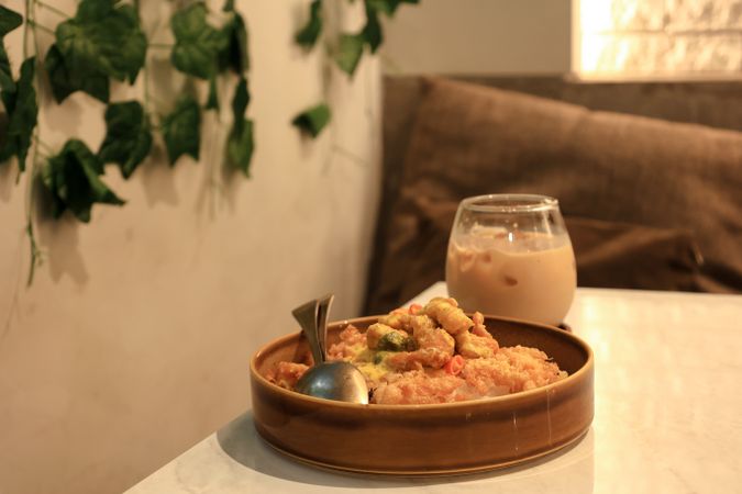 Chicken Rice with Salted Egg Spices  Coating, Nasi Ayam Telur Asin.