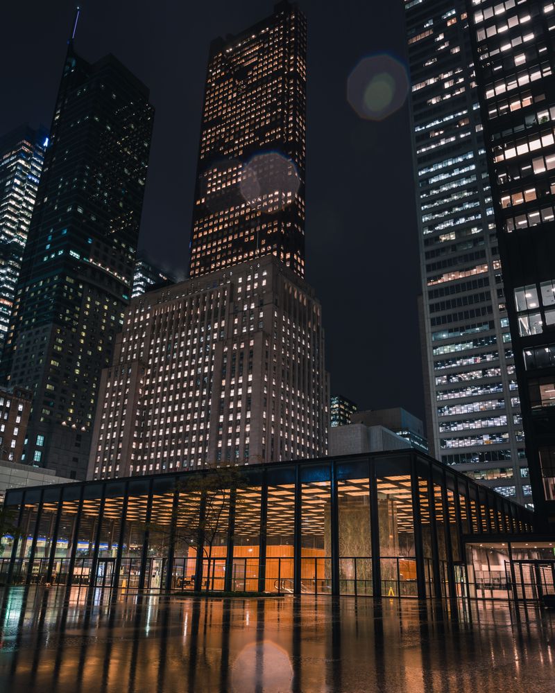 Low-angle view of skyscrapers in New York city at night