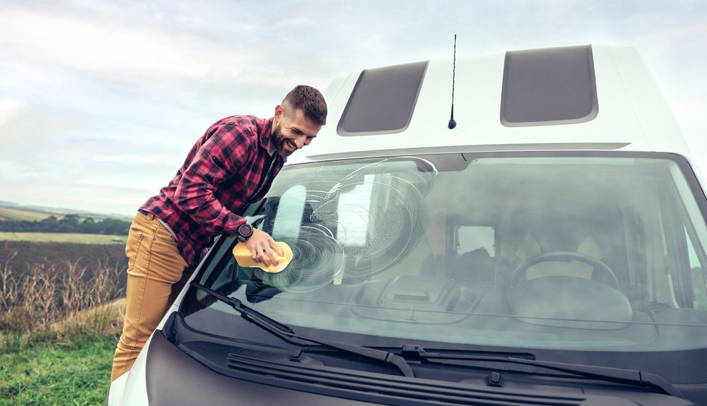 Man in checkered red shirt smiling while cleaning van’s front window with sponge