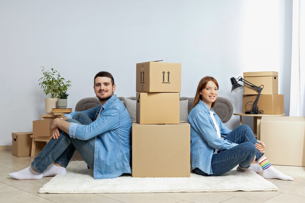 Moving concept, couple man and woman with boxes in apartment.