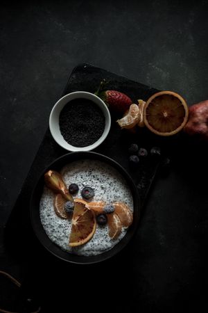 Chia seeds pudding with citrus in bowl