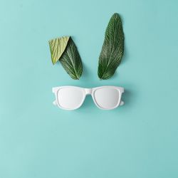 Bunny rabbit face made of natural green leaves with sunglasses on pastel blue background