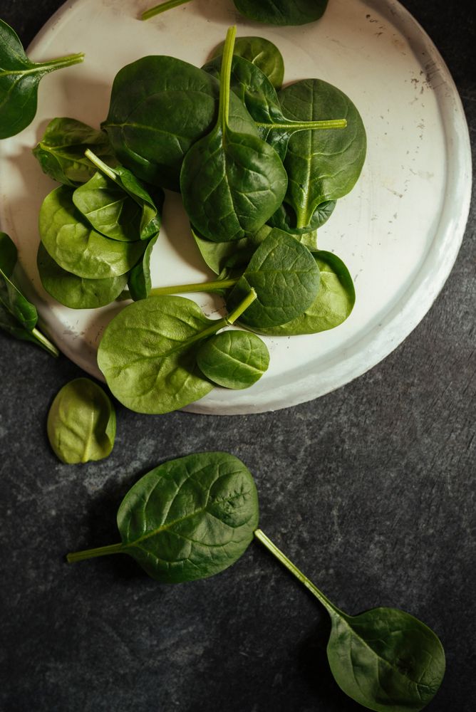 Fresh spinach on a rustic concrete crockery