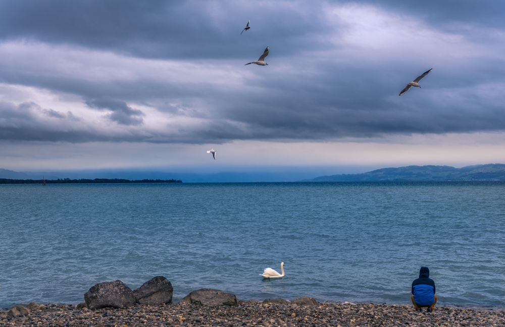 Man sitting on a lake shore on a rainy day