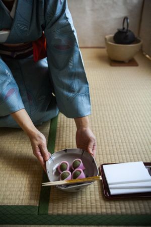 Woman in kimono placing dish on the floor