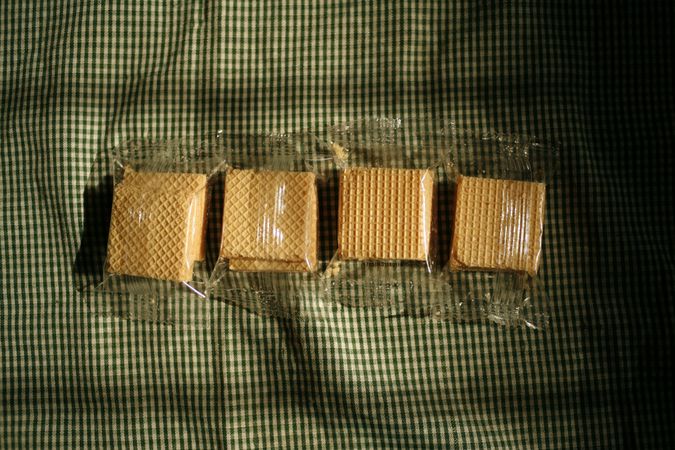 Top view of packages of square wafer biscuits