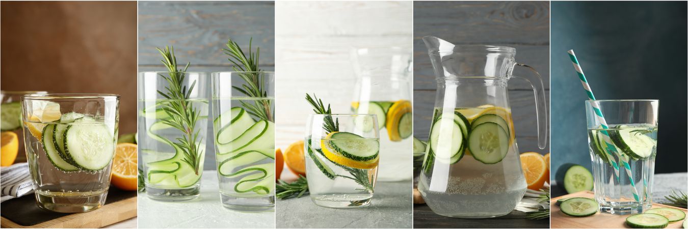 Collage with cucumber water on different backgrounds. Infused water