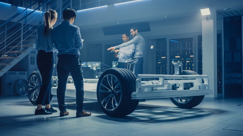 Team of Automotive Engineers Discussing and Designing Electric Car Platform Chassis Prototype, Taking Measures, Working with 3D CAD Software
