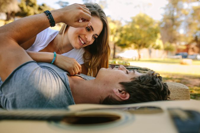 Couple in love relaxing in a park