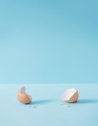 Empty eggshell with creative copy space on pastel blue background