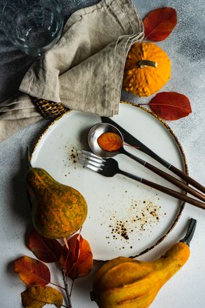Fall table setting with colorful leaves and gourds garnishing plate