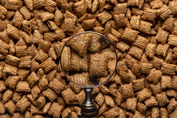 Cereal squares with chocolate filling through a magnifier