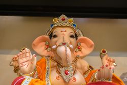 A beautiful idol of Lord Ganpati on display at a workshop in Mumbai, India for the festival of Ganesh Chaturthi