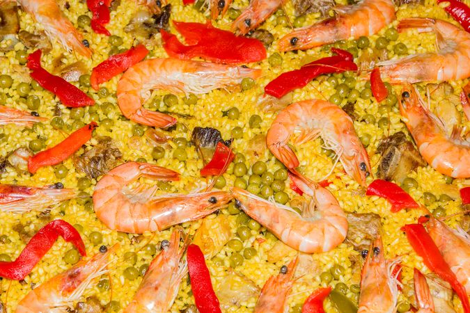 Detail of traditional spanish paella cooked in a pan