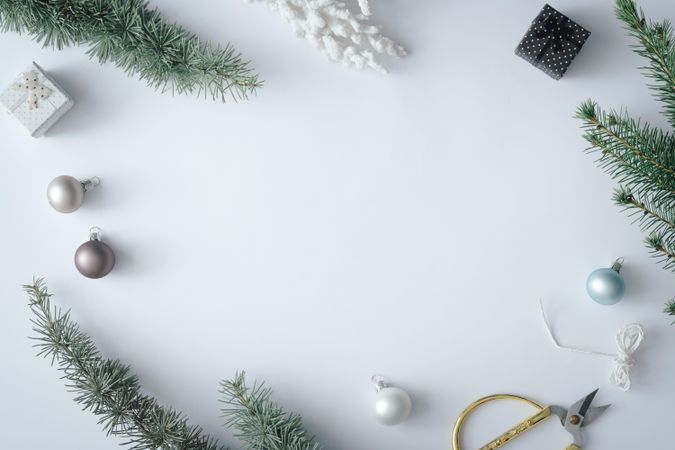 Winter branches and decorations on pastel grey background