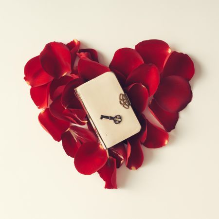 Red rose petals in a heart shape with book and key on light background