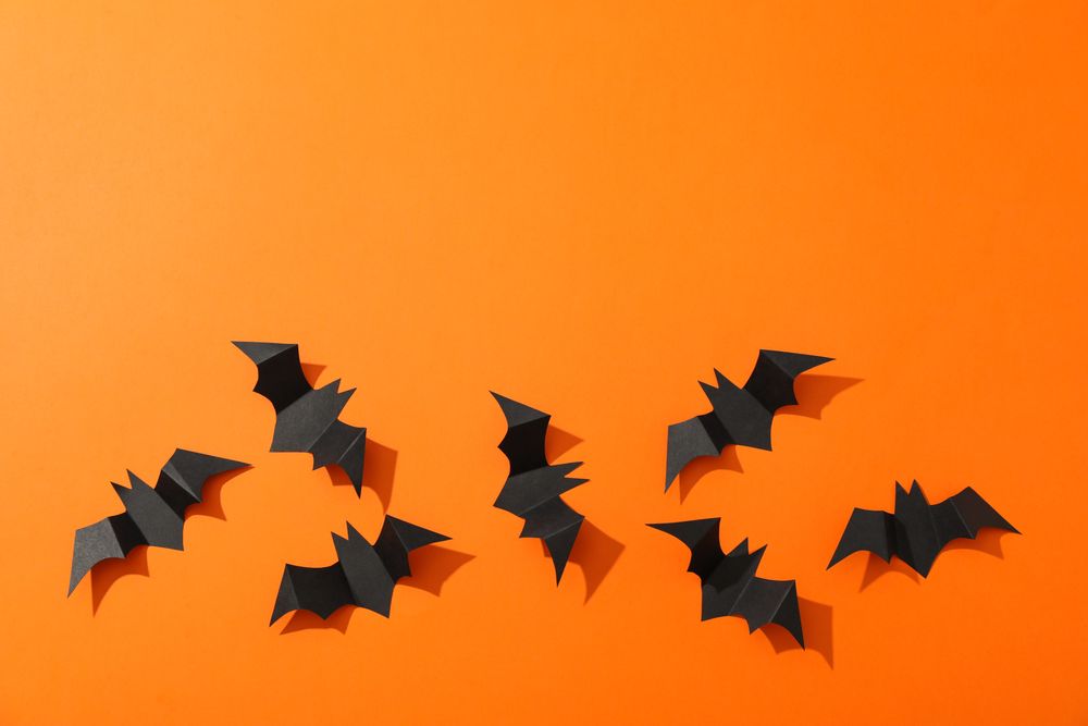 Flat lay with decorative bats on orange background, copy space