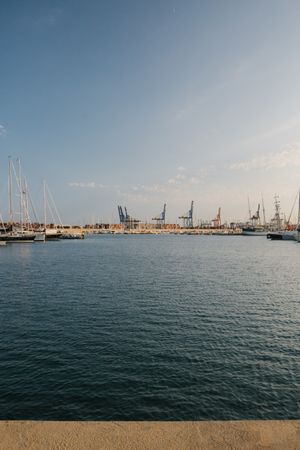 Slender rows of yachts with masts up at sunset in water