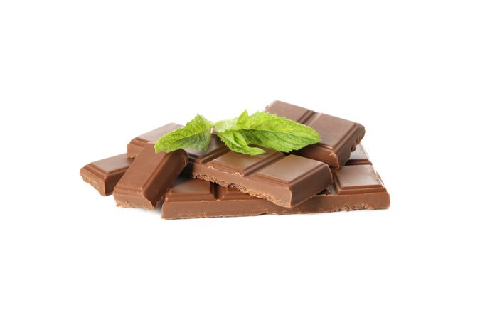 Tasty chocolate and mint isolated on blank background