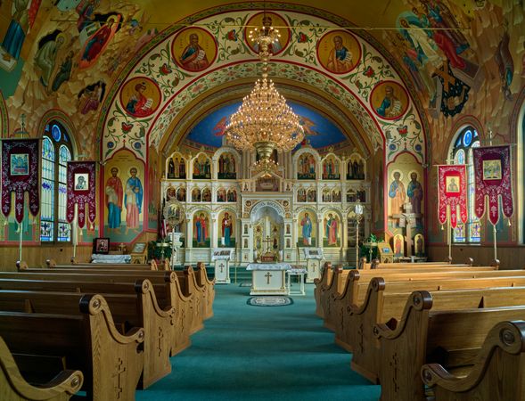 Iconostas (wall of icons) inside All Saints Orthodox Church, Olyphant, Pennsylvania