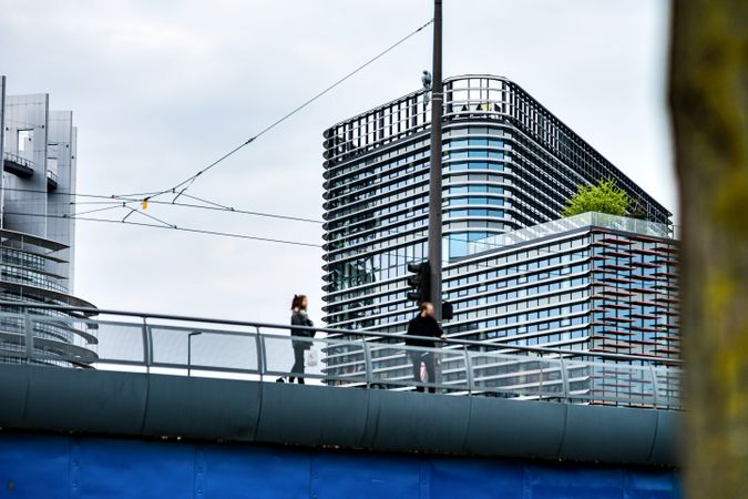 New modern large glass and concrete buildings in Strasbourg.