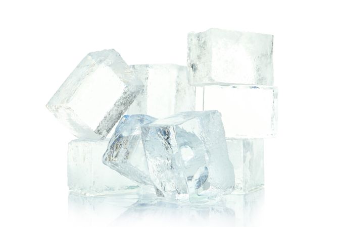 Clear square ice cubes in bright room