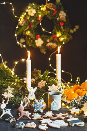 Sugar iced gingerbread cookies on festive table