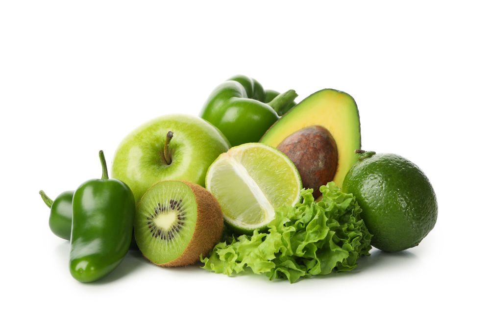 Fresh green vegetables and fruits isolated on blank background