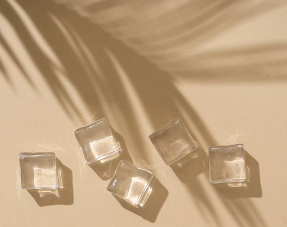Flat lay of ice cubes on beige background with shadow of palm leaf