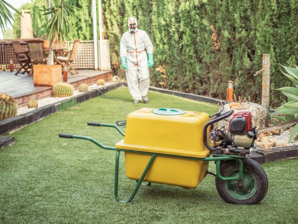 Fumigator walking in green yard to yellow special trolley