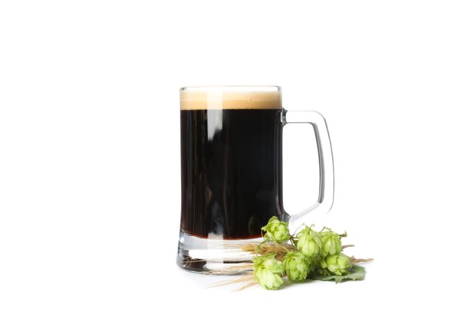 Beer glass, hop and spikelets isolated on blank background