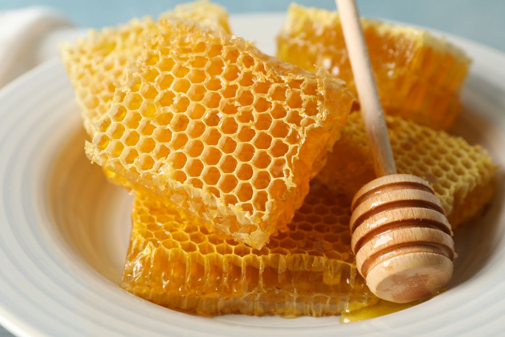 Plate with dipper and honeycombs against blue background, closeup