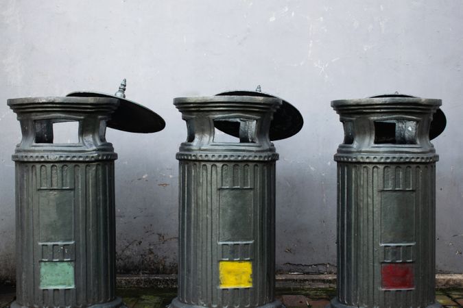 Antique green trash can, Garbage bins on the sidewalks of city streets in kota lama Semarang, Indonesia.
