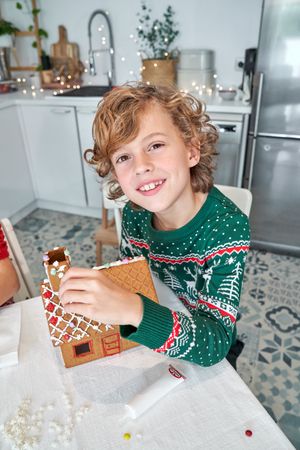 Cheerful boy making gingerbread house