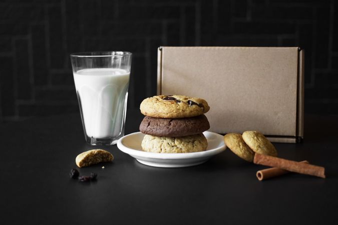 Set of cookies and milk with packaging
