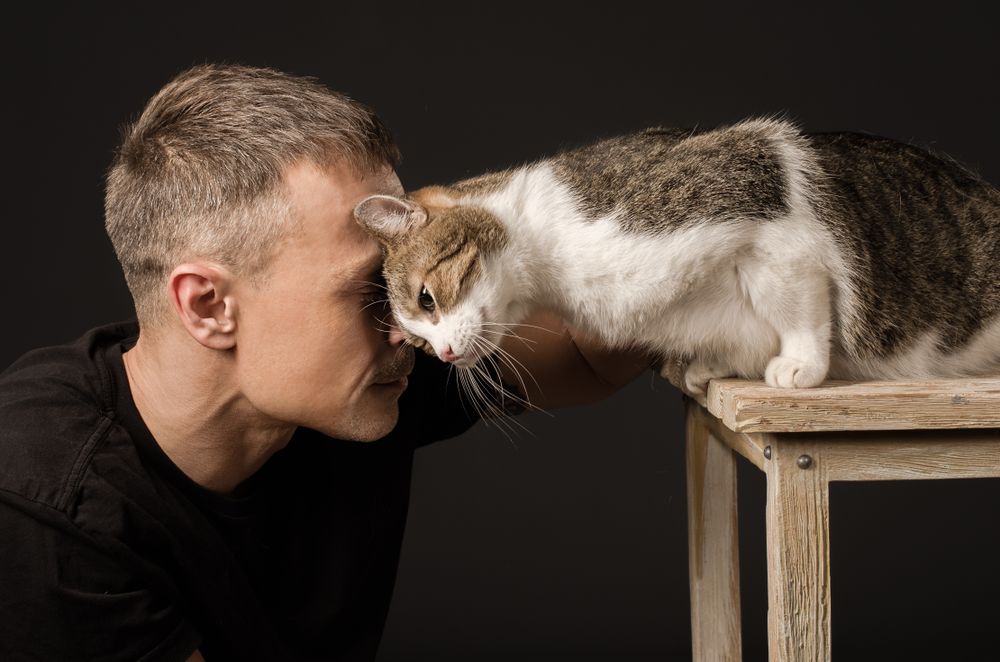 Man cuddling with cat
