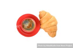 Top view of cup of coffee and croissant isolated on plain background 5rJrn5