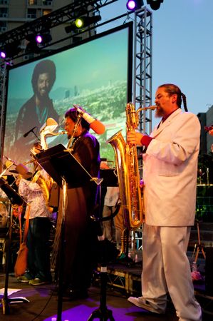 Los Angeles, CA, USA - July 12, 2012: Saxophonist on stage at Gil Scott Heron tribute
